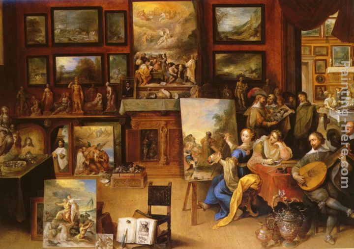 Pictura, Poesis and Musica in a Pronkkamer painting - Frans the younger Francken Pictura, Poesis and Musica in a Pronkkamer art painting